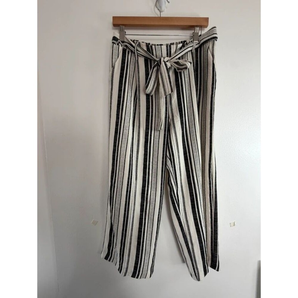 Women’s Black & White Striped Paperbag Tie Waist Wide Leg Pants Size M - Picture 2 of 10